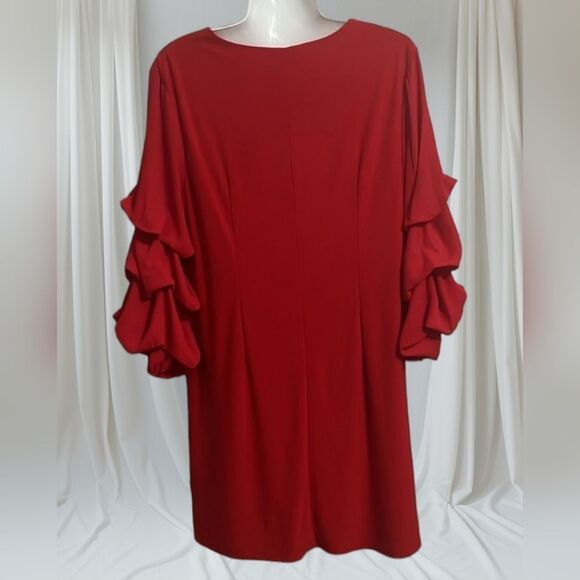 CATO Red Shift Dress Mameluke Tiered Puff Sleeve A-line V-Neck Flowy Midi Knee L - Picture 7 of 10